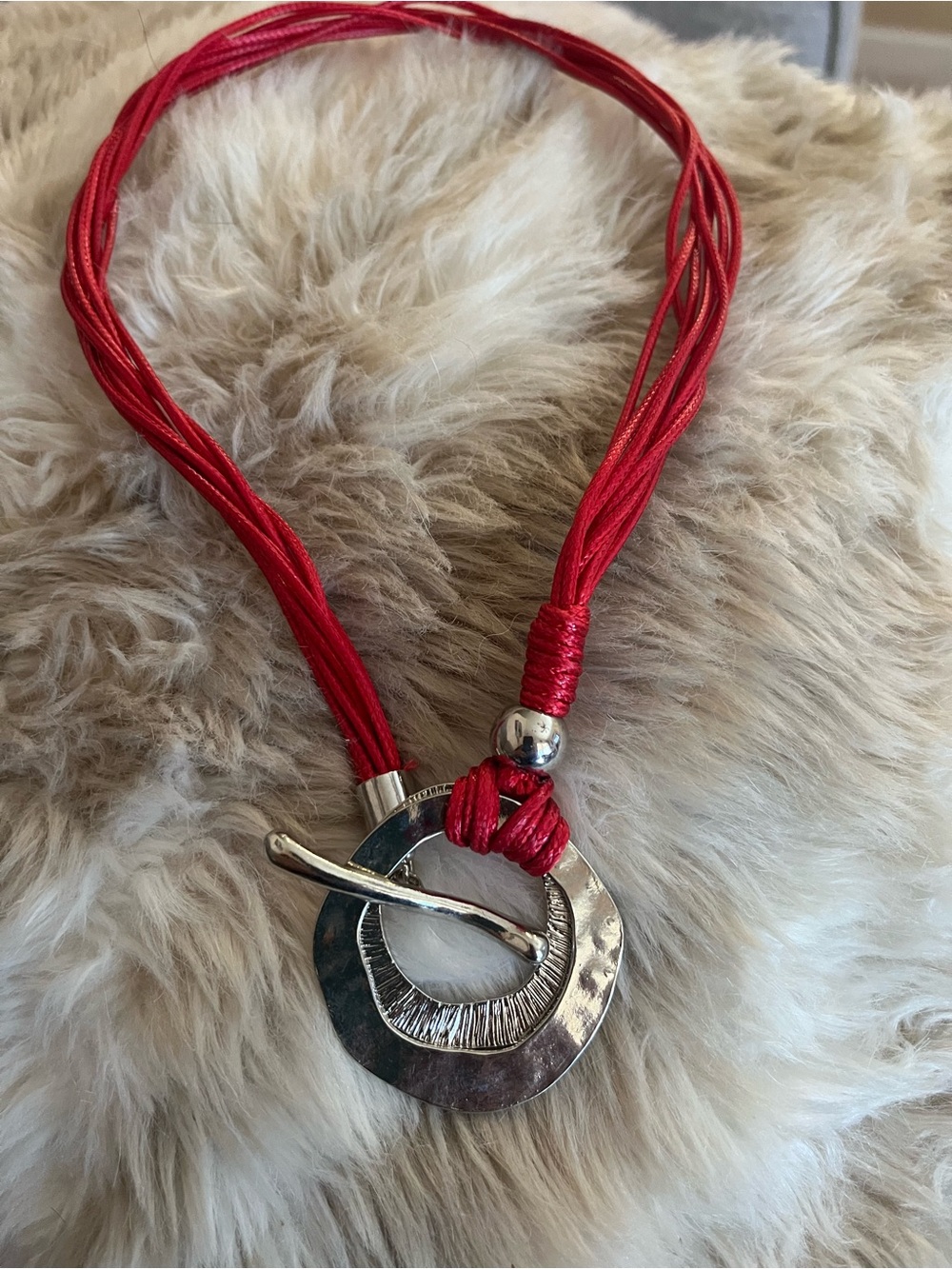 Red Multi-Strand Cord Necklace with Silver Toggle Pendant